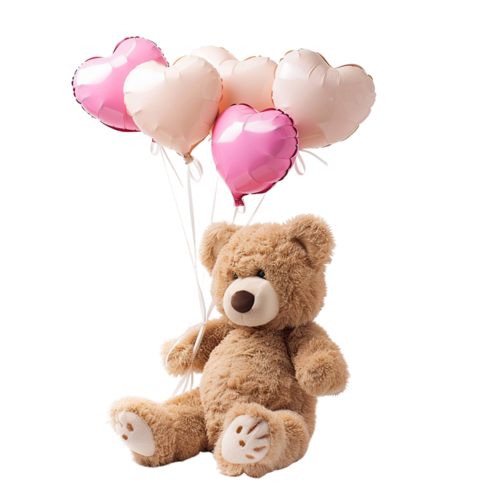 ai gegenereerd generatief ai teddy beer ballon , beer met een ballon van liefde, beer Holding hart vormig ballon illustratie Aan transparant achtergrond png