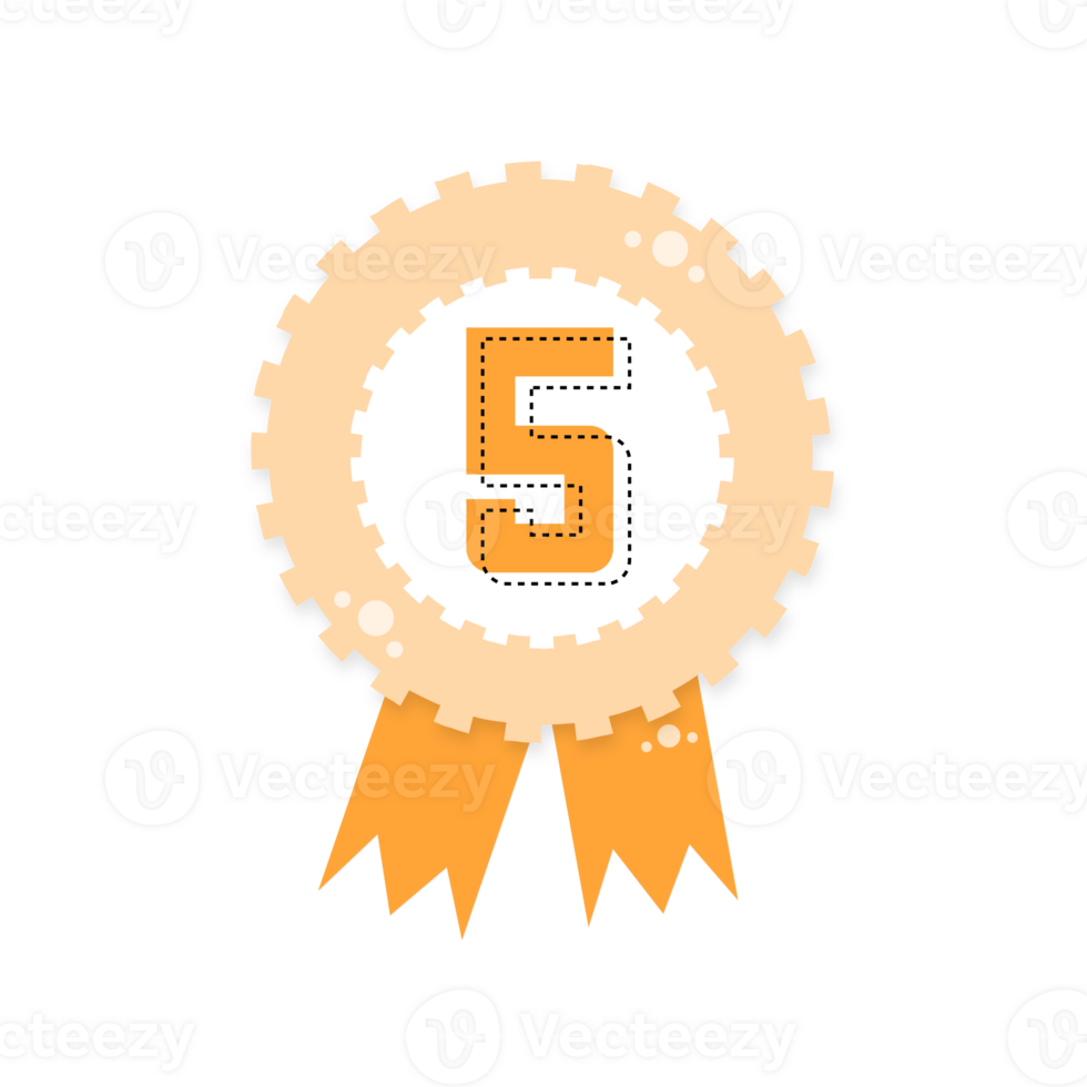 Orange award certificate, Award with ribbons, gold silver bronze medal number 5 isolated on transparent background png