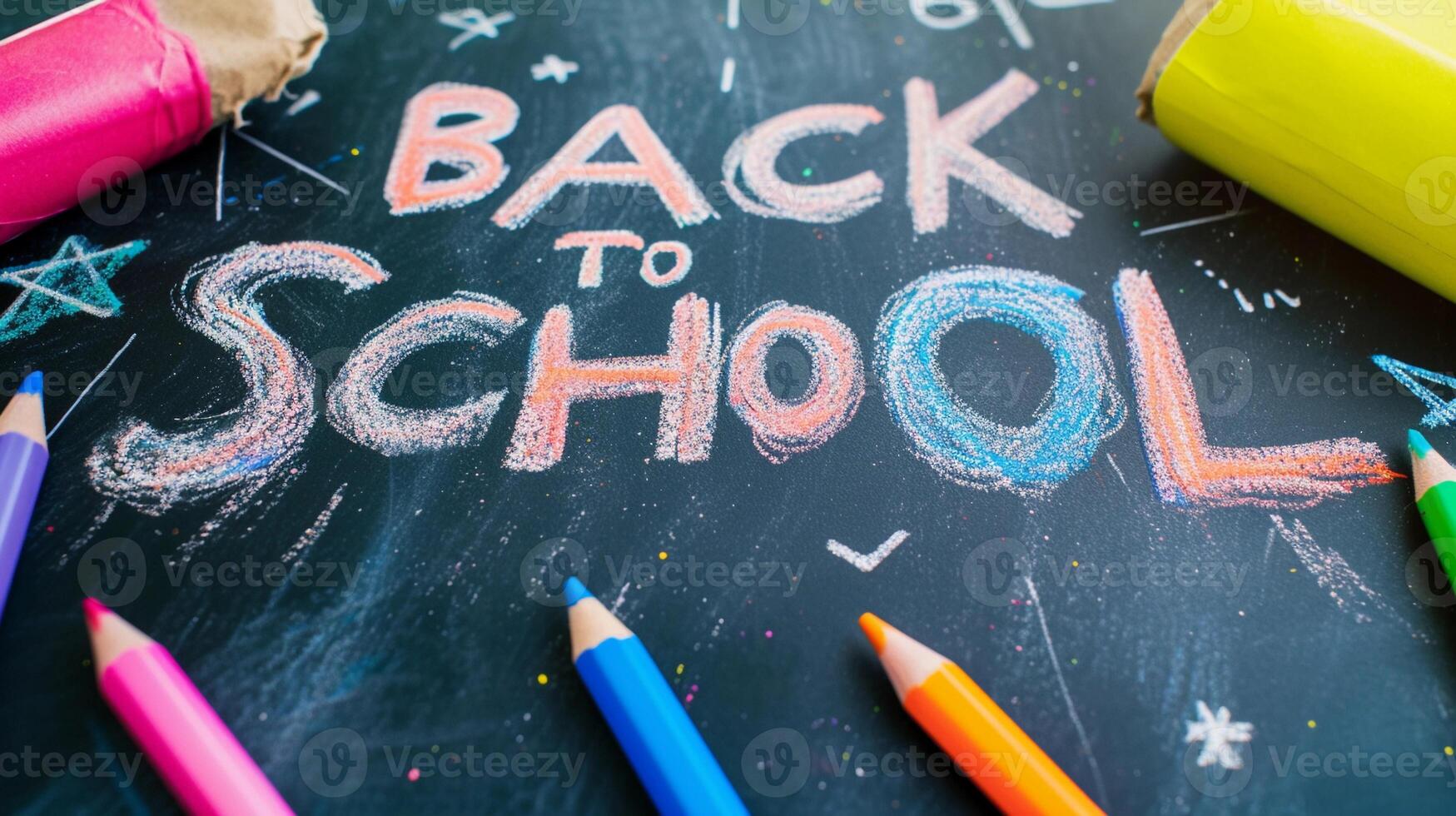 AI generated Photo of the text 'Back To School' written using colorful chalk on a classroom blackboard, generative AI