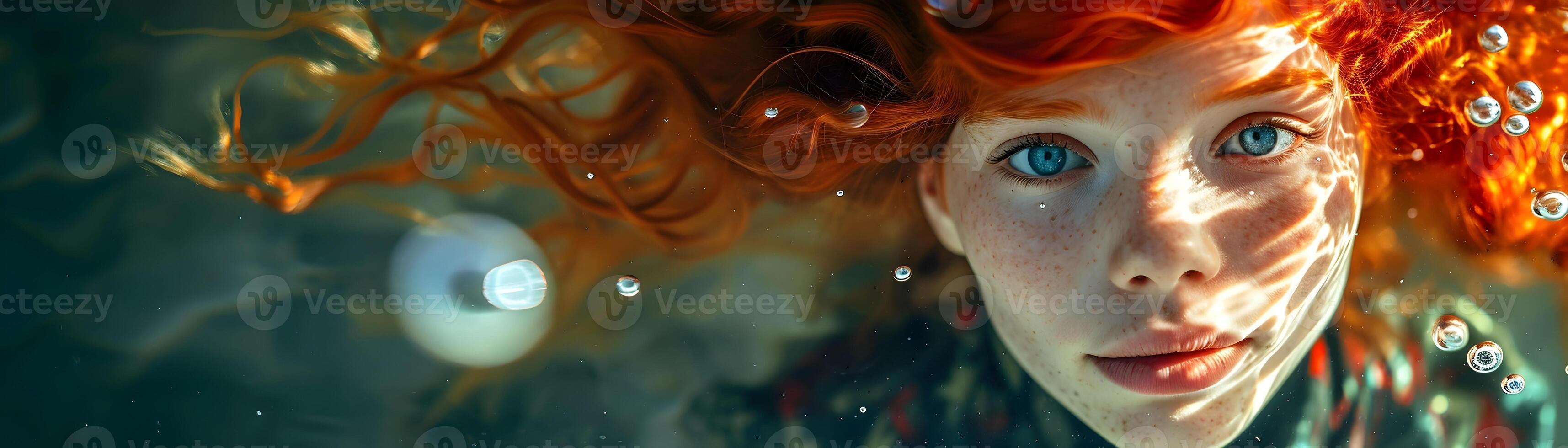 AI generated River underwater portrait of a red hair young white female, generative AI, background image photo