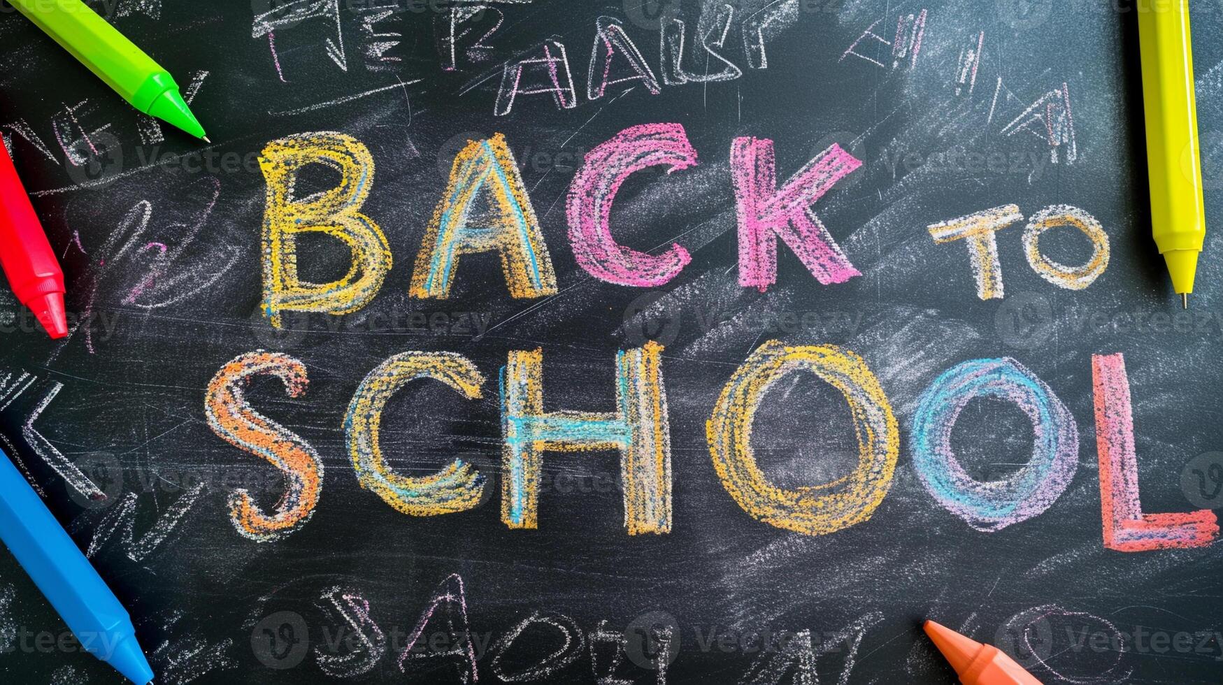 AI generated Photo of the text 'Back To School' written using colorful chalk on a classroom blackboard, generative AI