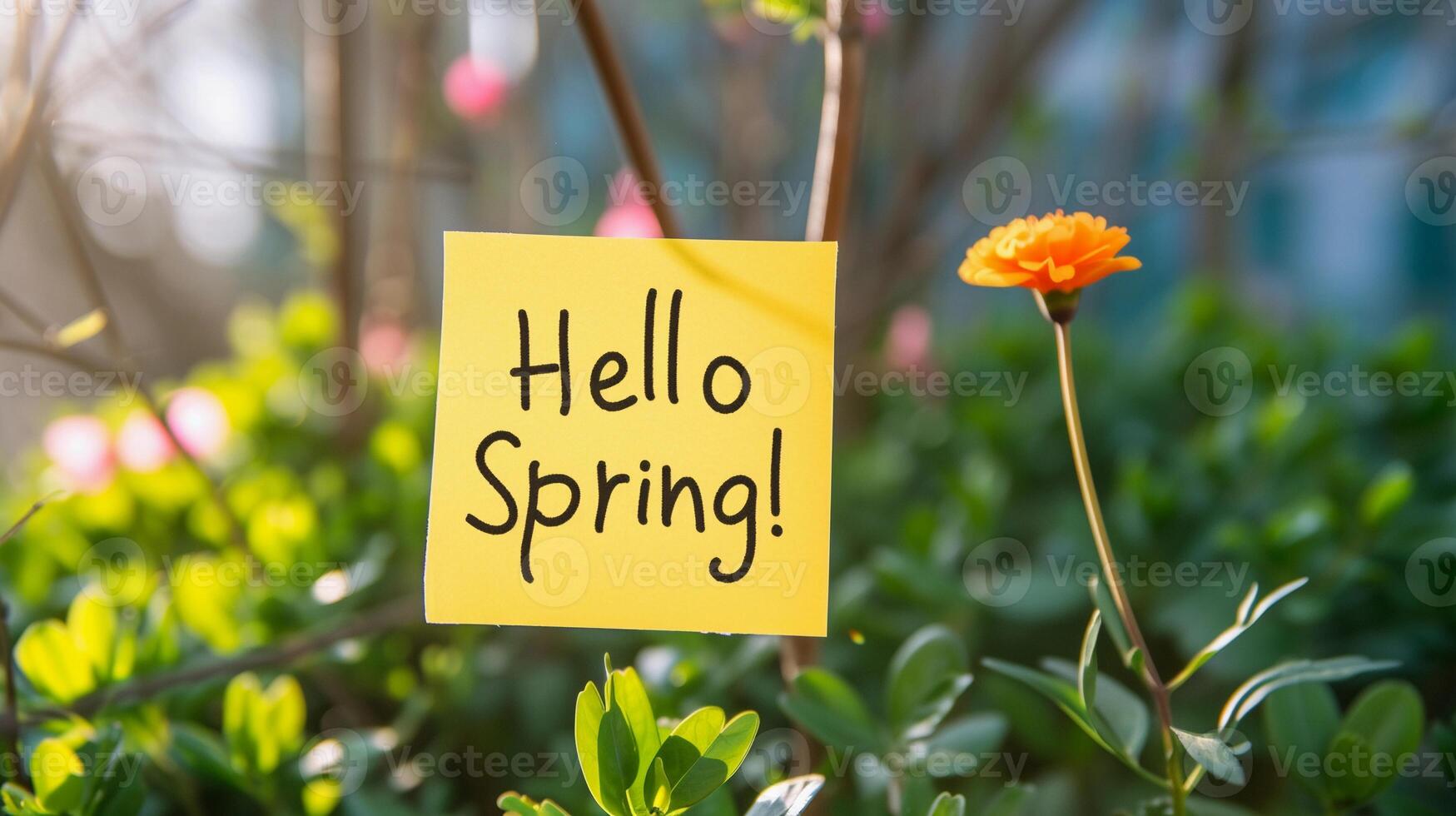 AI generated A photo of the text 'Hello Spring written' with a marker on a sticky note, generative AI