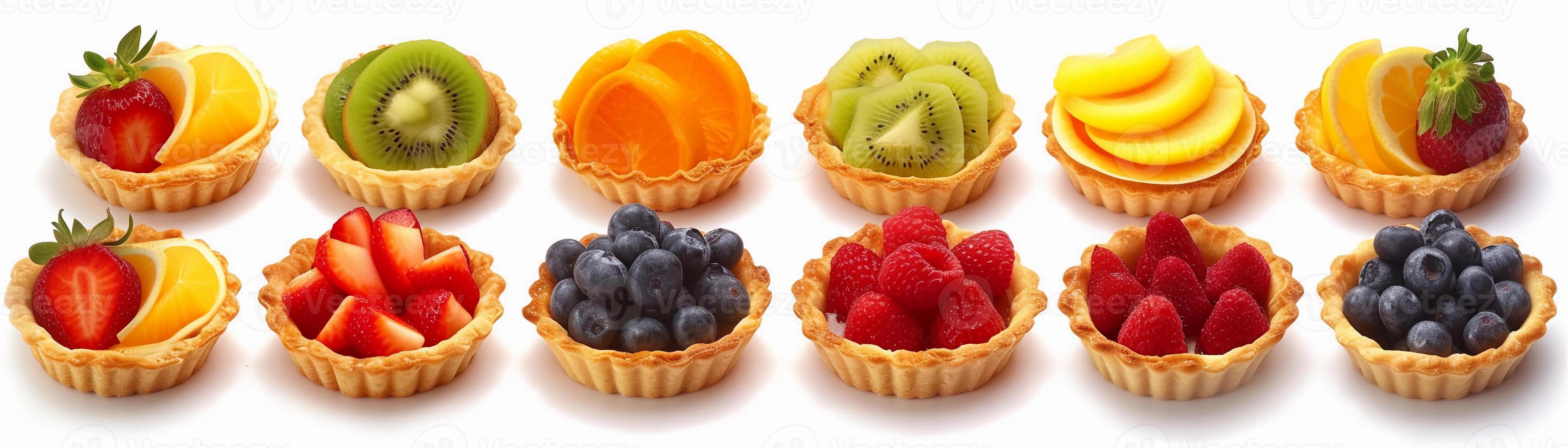 AI generated Fruit Tartlets, variety of fruit tartlets arranged in a visually appealing pattern on a white background, background image, generative AI photo