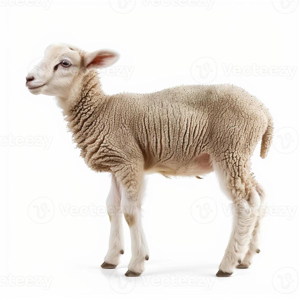 AI generated cute young sheep isolated on white background photo