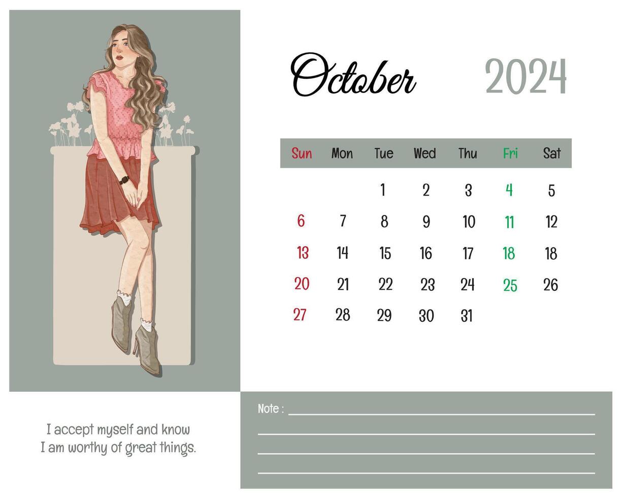 Printable Calendar October 2024 with Girl Illustration and Affirmations for Self vector