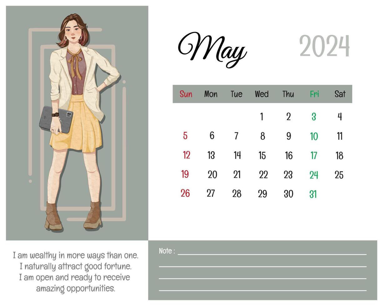 Printable Calendar May 2024 with Girl Illustration and Affirmations for Self vector