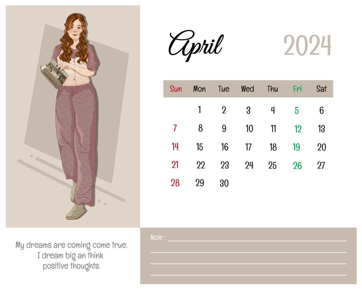 Printable Calendar April 2024 with Girl Illustration and Affirmations for Self vector