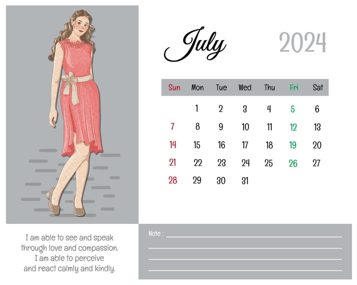 imprimible calendario julio 2024 con niña ilustración y afirmaciones para yo vector