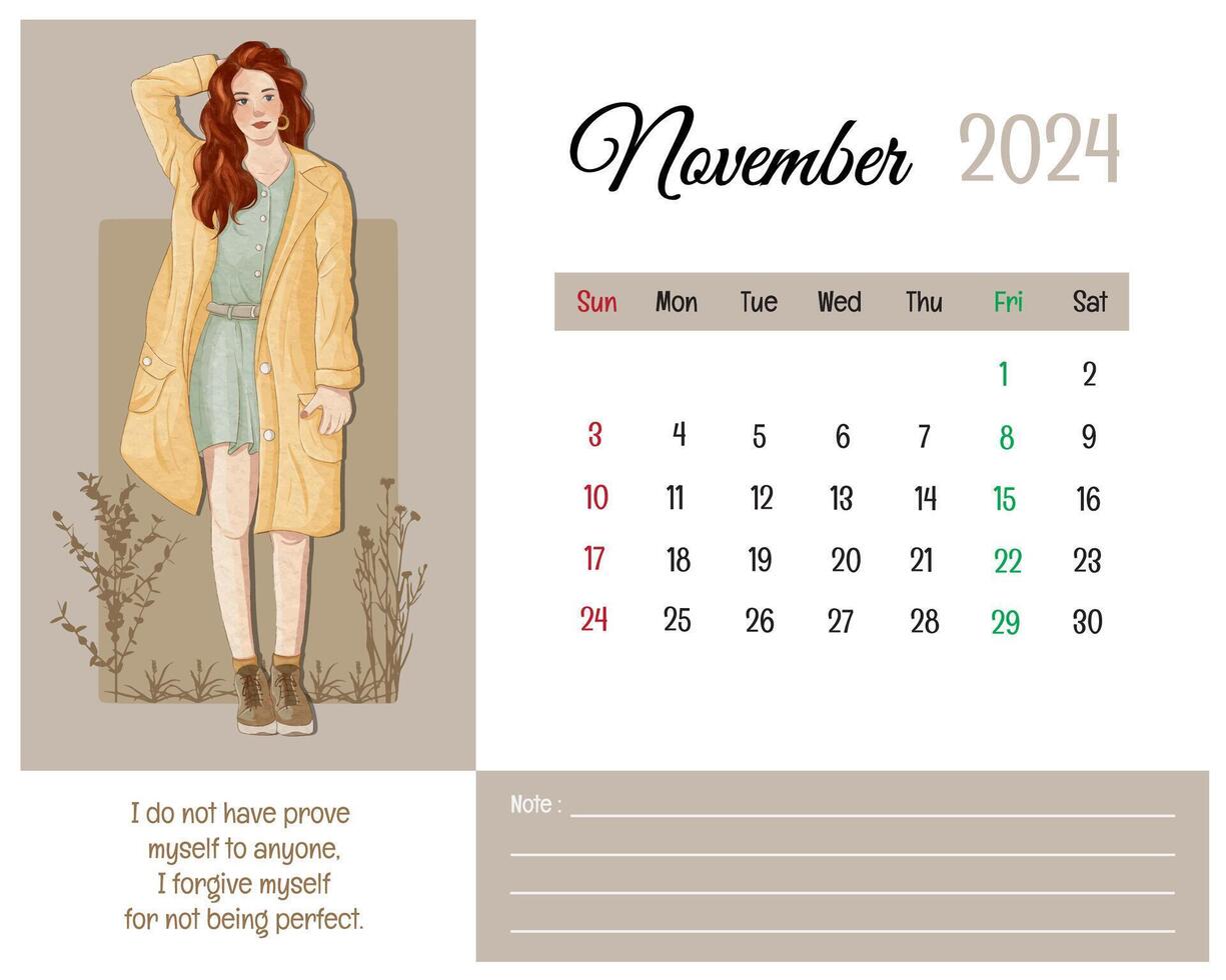 Printable Calendar November 2024 with Girl Illustration and Affirmations for Self vector