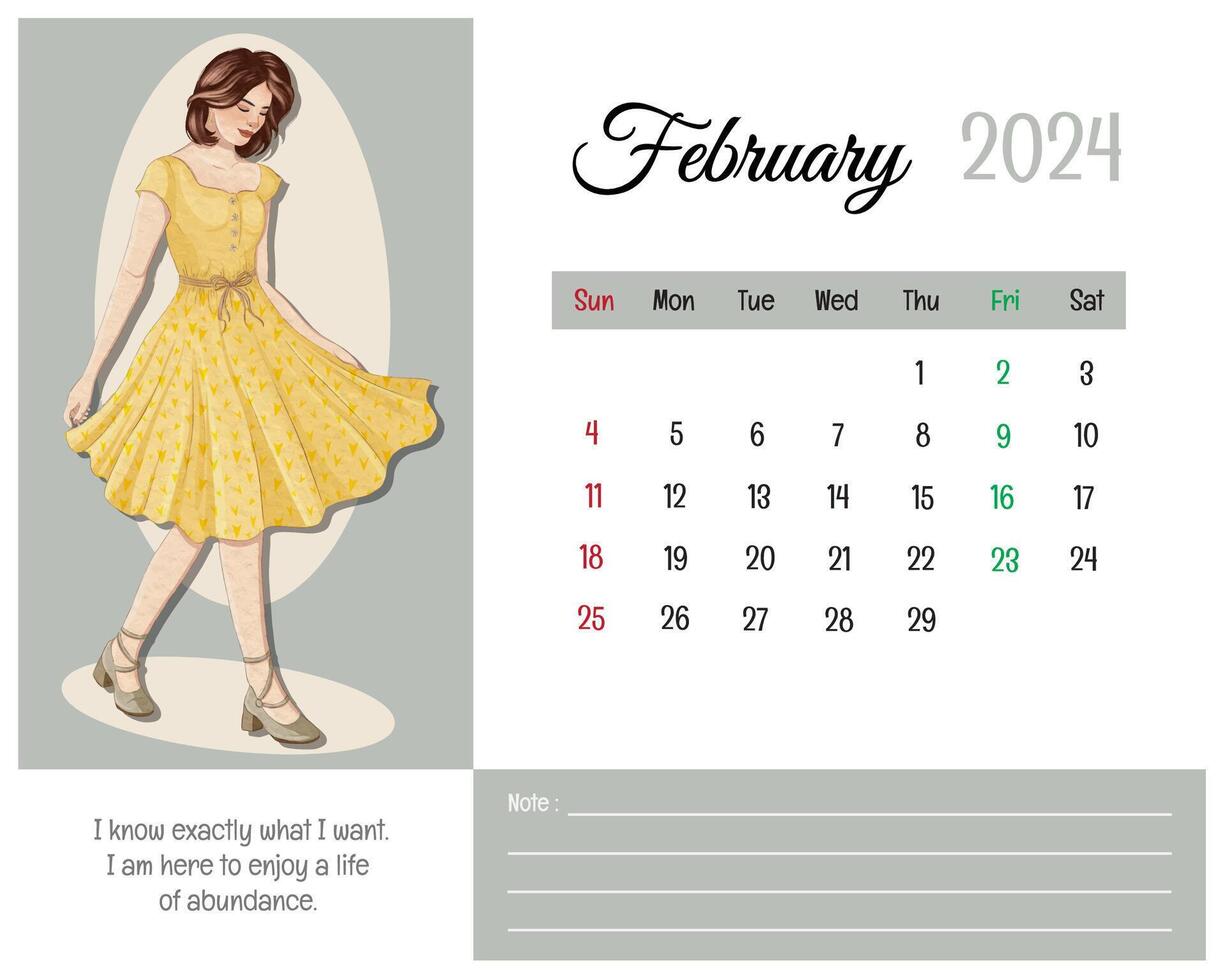 Printable Calendar February 2024 with Girl Illustration and Affirmations for Self vector