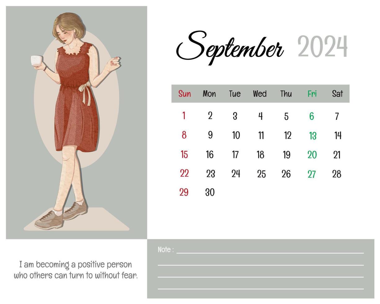 Printable Calendar September 2024 with Girl Illustration and Affirmations for Self vector