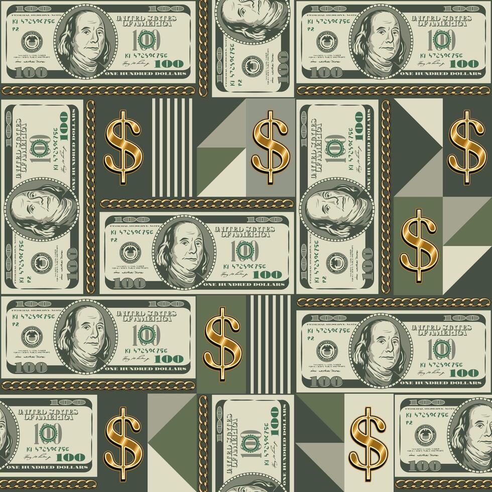 Geometric pattern with 100 dollar bills, simple geometric shapes, gold chains. For print, covers, posters, etc. vector