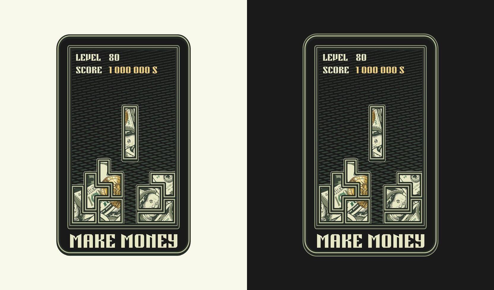 Money label like computer game in retro style. Text Make Money. Smartphone entertainment. Creative illustration in vintage style for prints, clothing, surface design. vector