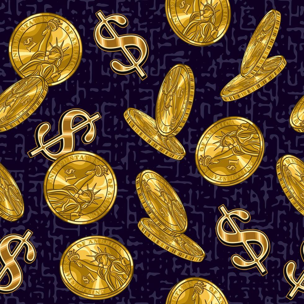 dinero sin costura modelo con que cae brillante oro monedas y dólar firmar en oscuro Violeta grunge antecedentes. vistoso Clásico vector ilustración.