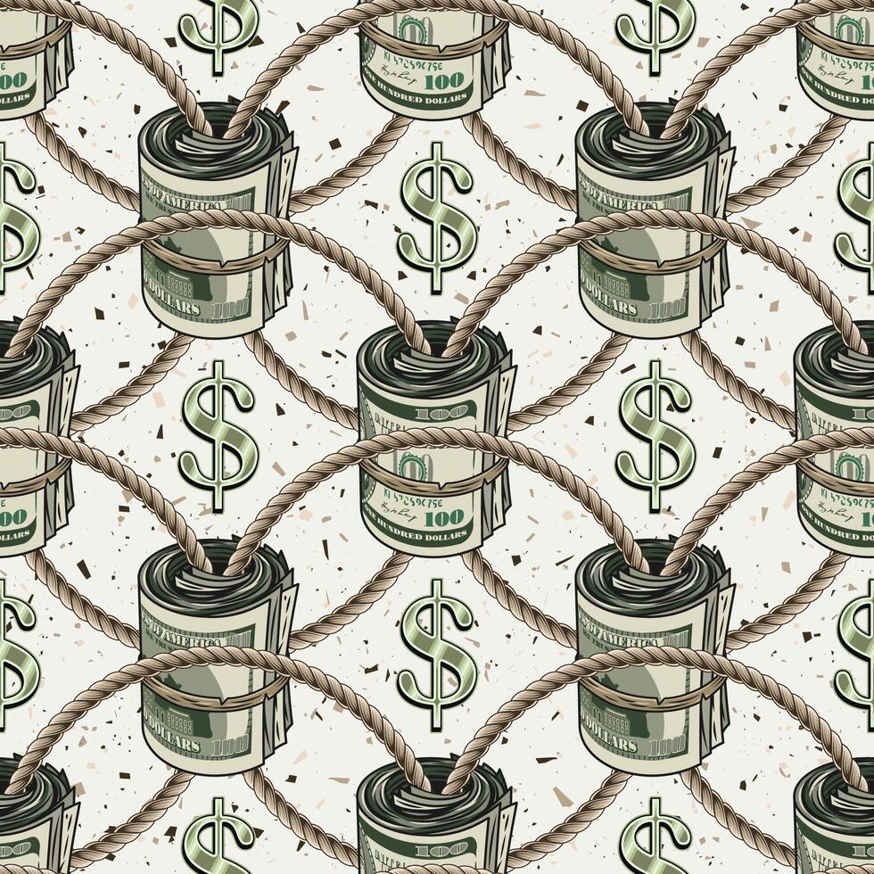 Seamless geometric pattern with dollar sign, money rolls of 100 dollars bills connected by jute rope. Intricate lacy ornament on white textured background. vector