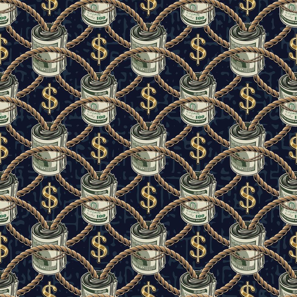 Seamless geometric pattern with dollar sign, money rolls of 100 dollars bills connected by jute rope. Intricate lace ornament on dark blue textured background. vector