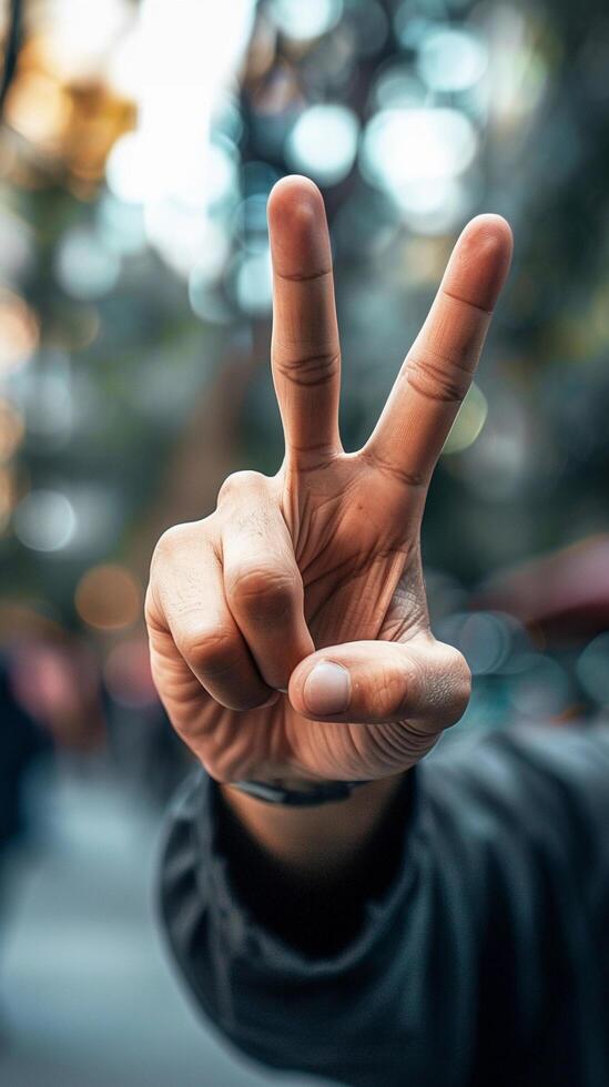 AI generated Close-up of male hand raising two fingers victory symbol, background image, generative AI photo