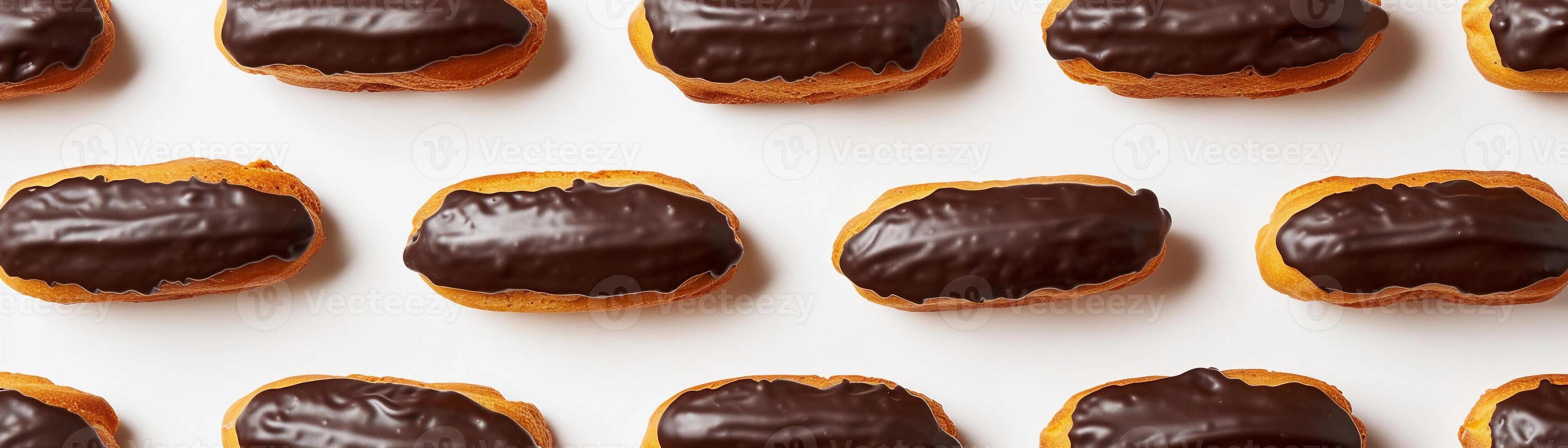 AI generated Eclairs, lineup of chocolate-glazed eclairs filled with creamy pastry cream, background image, generative AI photo