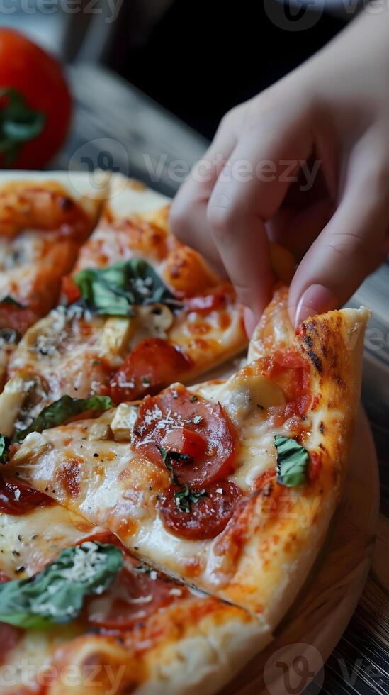 AI generated Close-up of a woman's hand holding a delicious pizza, background image, generative AI photo