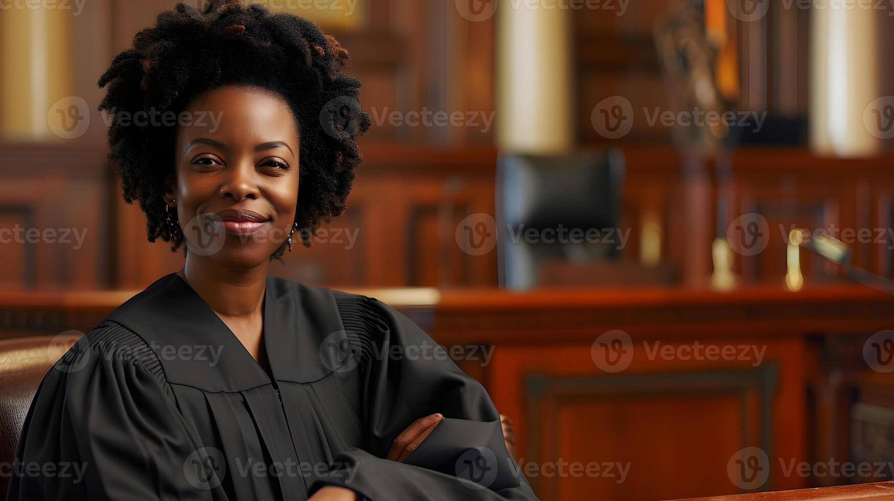 AI generated Portrait of a black female judge on duty against court atmosphere background, background image, generative AI photo