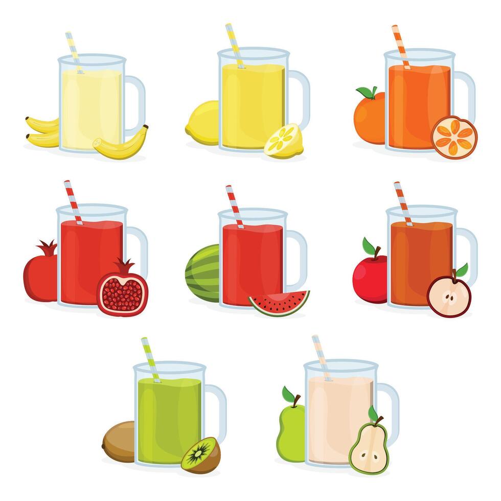 A set of glasses with juice. Juices with different flavors. Fruit juices. vector