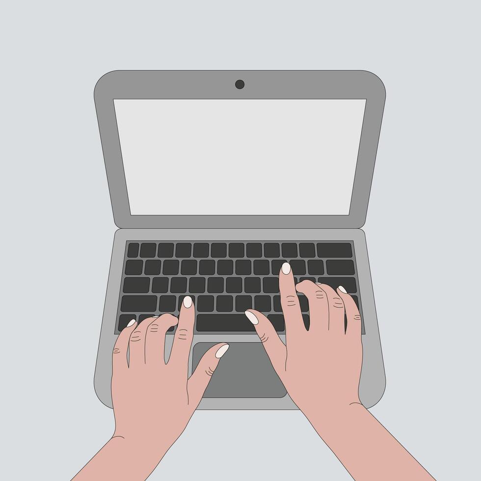 Vector illustration of human hands typing on a laptop keyboard.