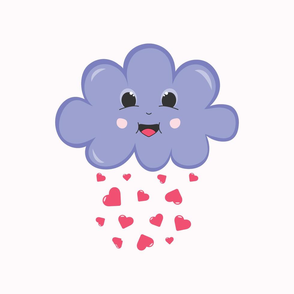 Vector character - cute and happy purple cloud with hearts.
