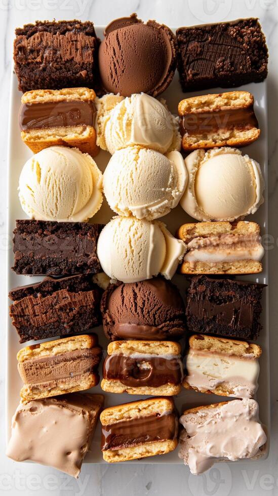 AI generated Ice Cream Sandwich Heaven, assortment of homemade ice cream sandwiches with soft cookies or brownies sandwiching creamy ice cream, generative AI photo