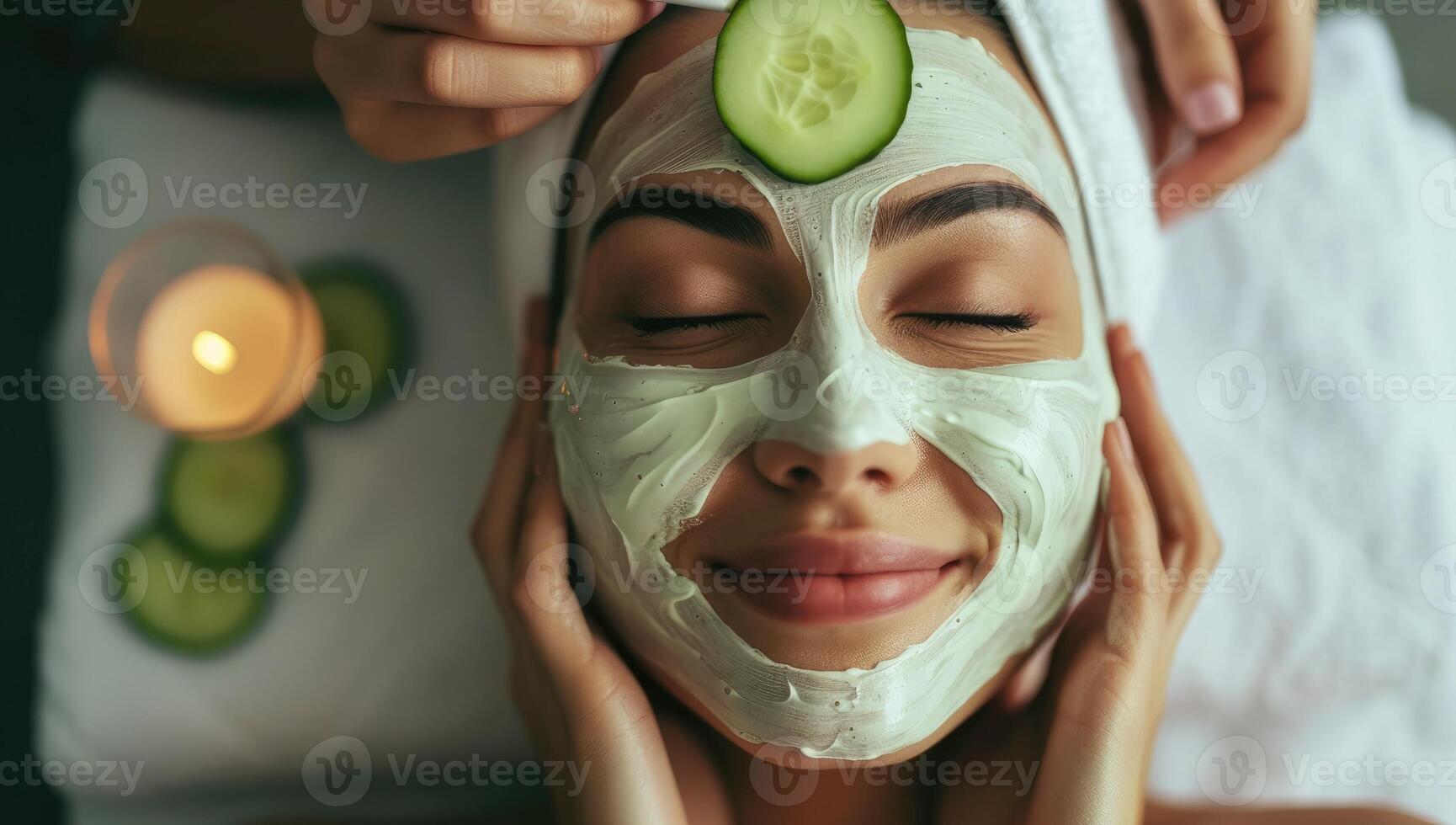 AI generated Beautiful young woman with cucumber facial mask at spa salon. photo