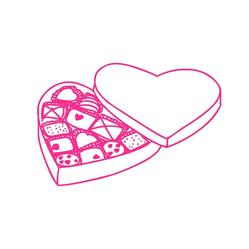 Doodle Heart Shaped Opened Candy Box Icon vector