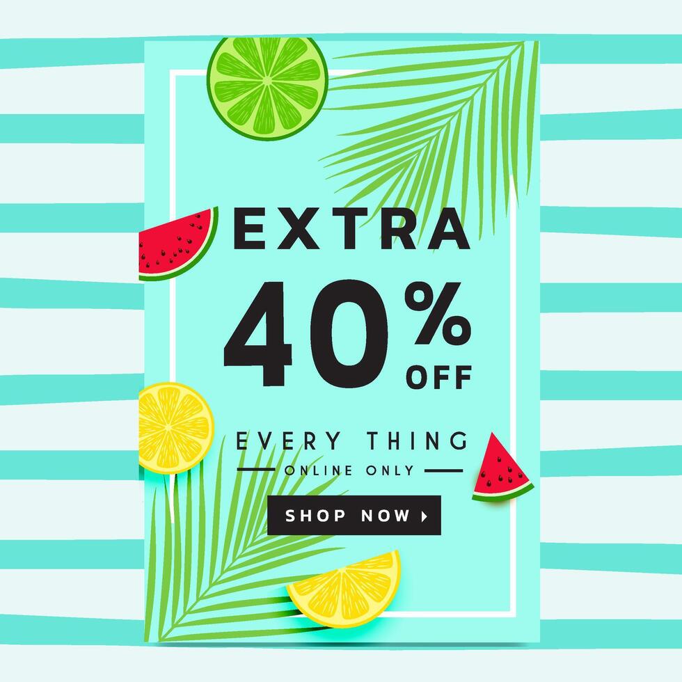 Summer Sale Poster Banner Template With Tropical Leaves, Watermelon Slice And Lemons vector