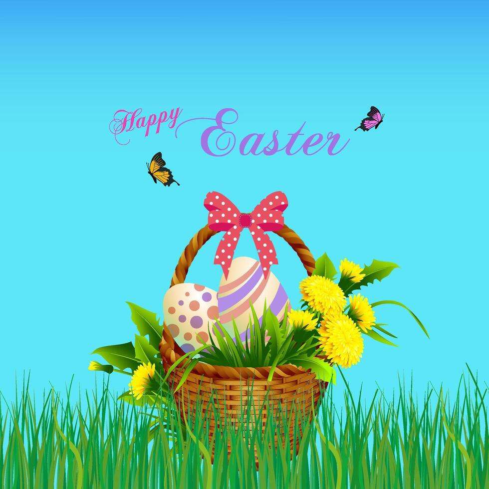 Happy Easter Day Greeting Card With Colorful Egg Basket And Spring Flowers vector