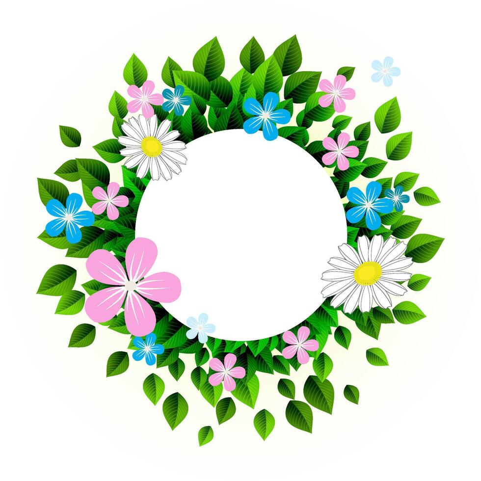 Spring Flower Round Frame With Green Leaves vector