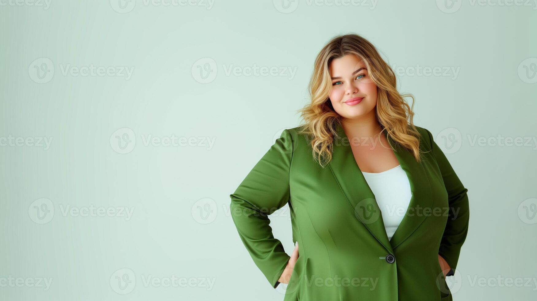 AI Generated Plus size fashion model in green suit stylish fashion posing on white background. Generative AI photo