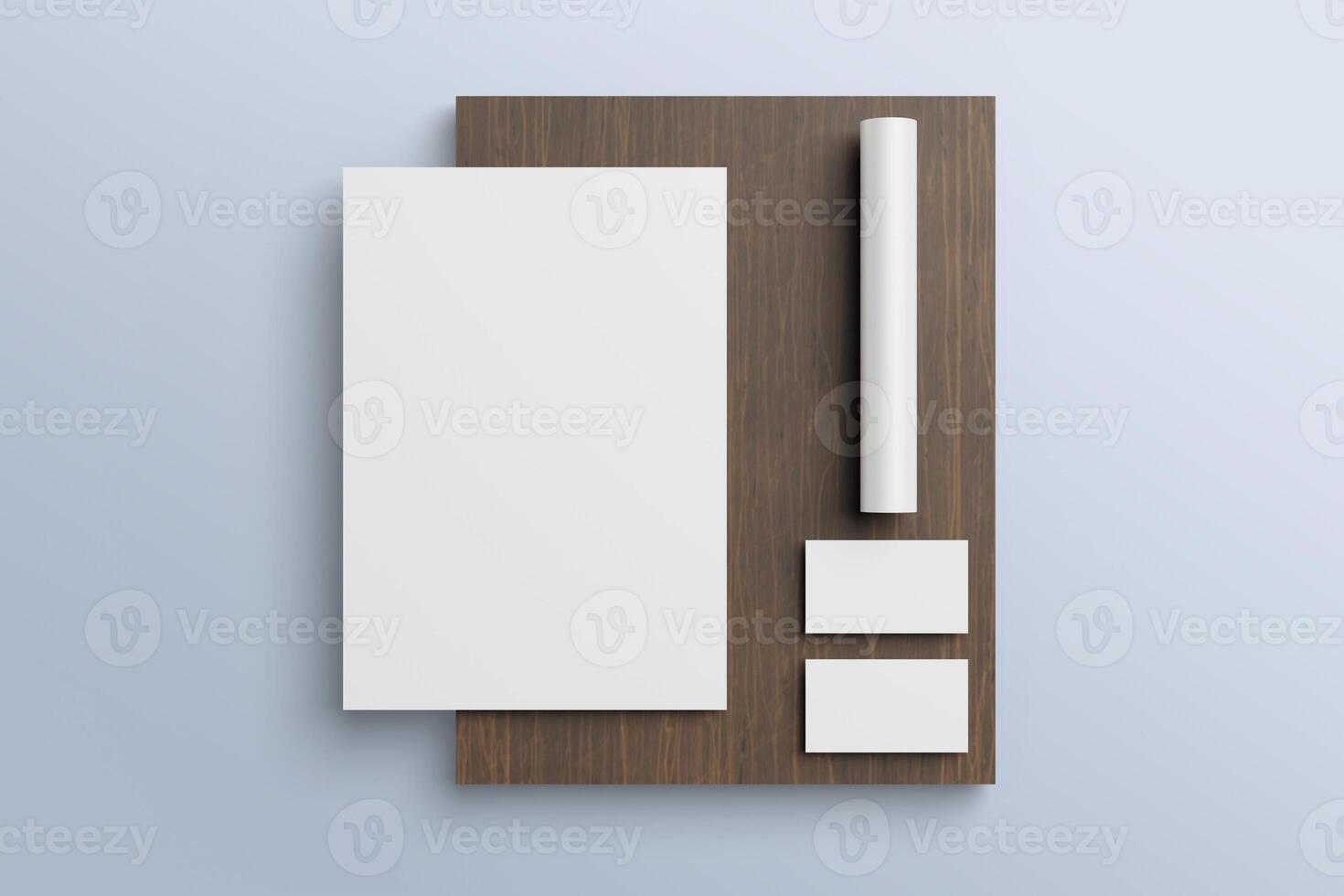 Floating Minimalist Stationery Set with Wooden Shape Mockup photo