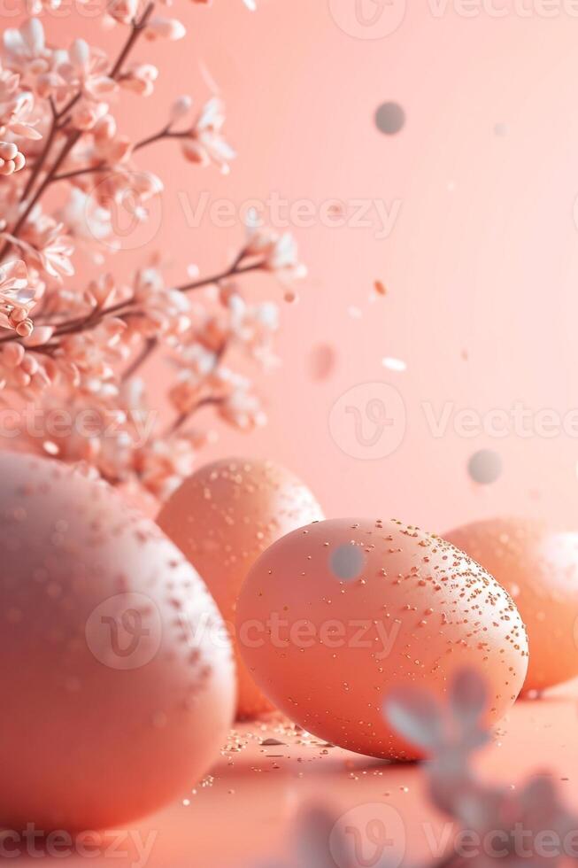 Easter dreamy Peach Fuzz colored eggs with spring blooming flowers background. Futuristic Easter Eggs poster template. Trendy springtime festive holiday banner with copy space for text. Raster. photo