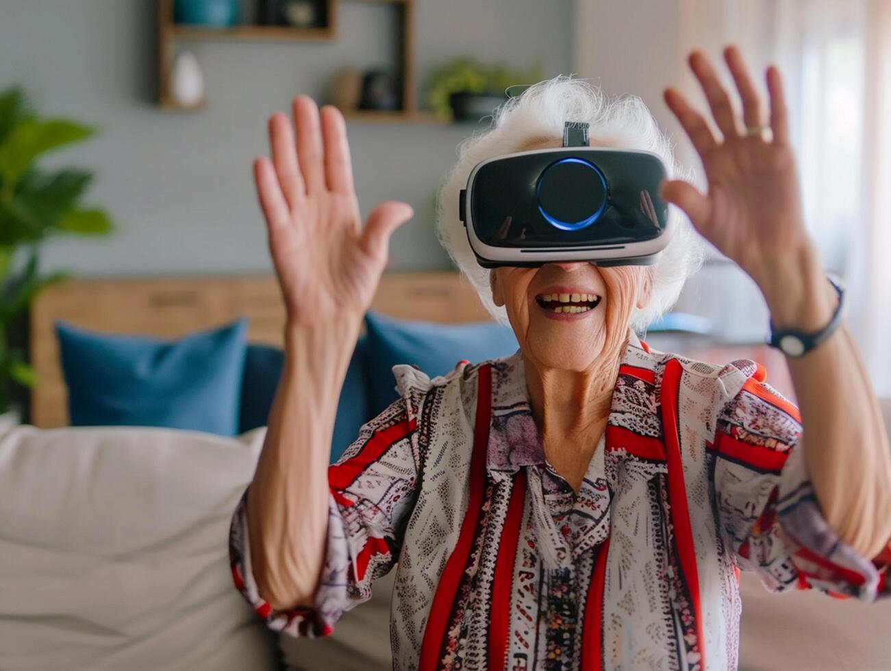 AI generated online education Senior Woman wearing VR Headset with Living Room Background AI Generative photo