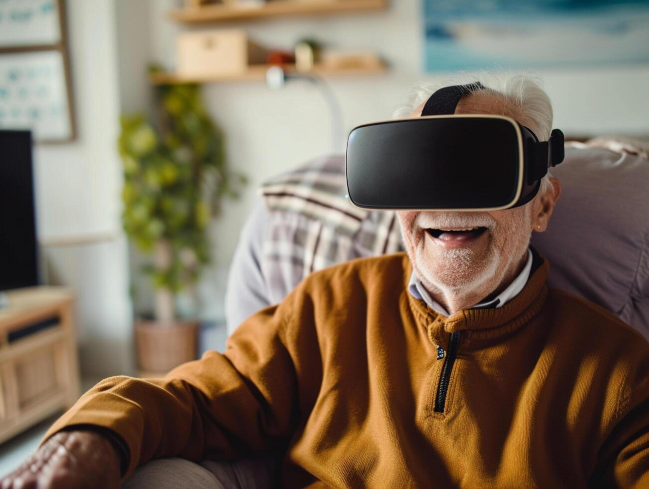 AI generated online education Senior Man wearing VR Headset with Living Room Background AI Generative photo