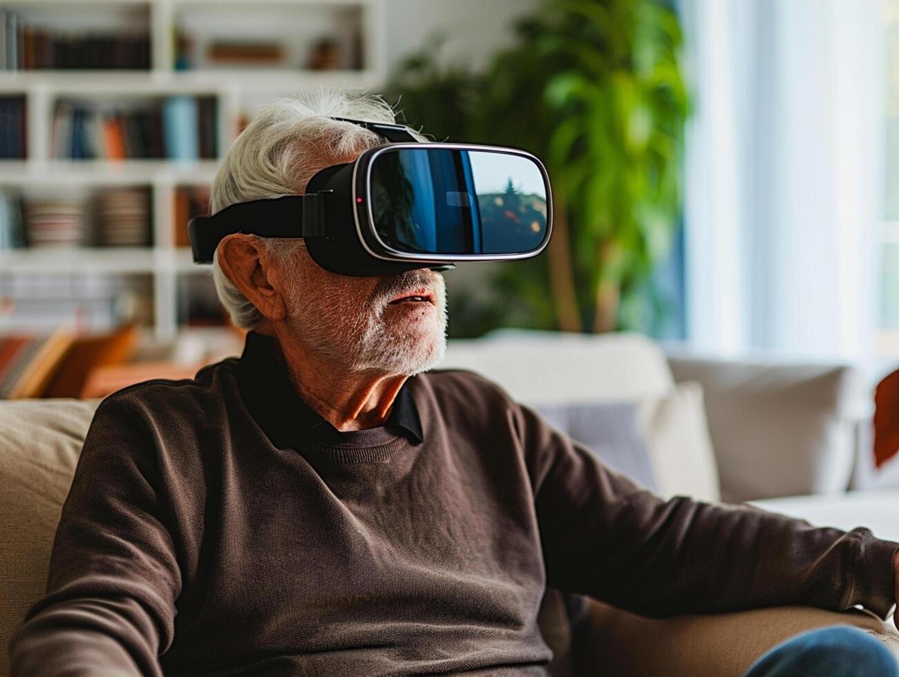 AI generated online education Senior Man wearing VR Headset with Living Room Background AI Generative photo