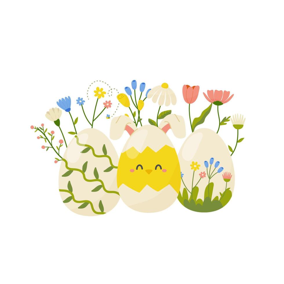 Easter egg with flowers, concept in cartoon style for card, print, sticker, postcard. Vector illustration on white background.