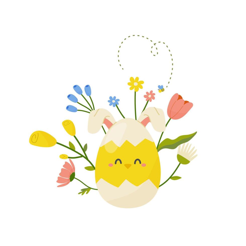 Easter egg with flowers, concept in cartoon style for card, print, sticker, postcard. Vector illustration on white background.