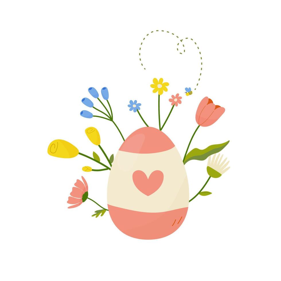 Easter egg with flowers, concept in cartoon style for card, print, sticker, postcard. Vector illustration on white background.