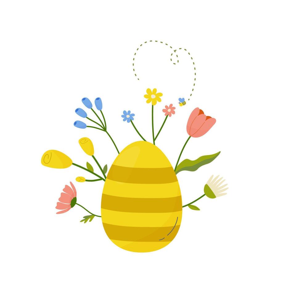 Easter egg with flowers, concept in cartoon style for card, print, sticker, postcard. Vector illustration on white background.