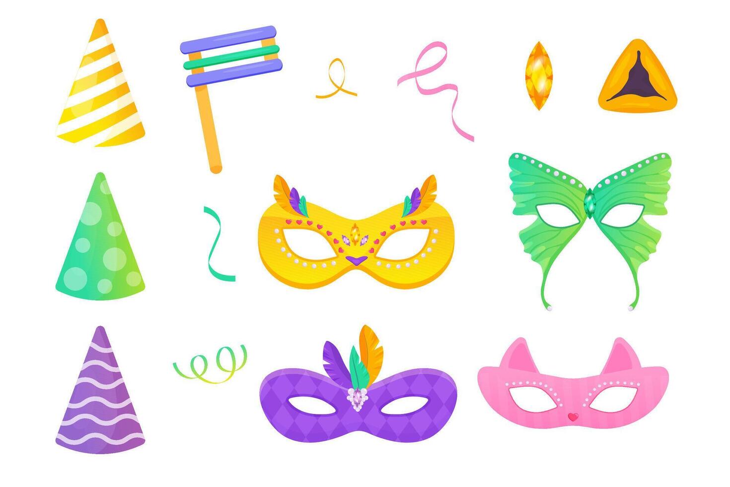 carnaval colocar, Purim fiesta. mascaras, hamantaschen galletas, gorra. judío día festivo. para tu pegatinas, póster diseño, bandera diseño, pegatinas vector