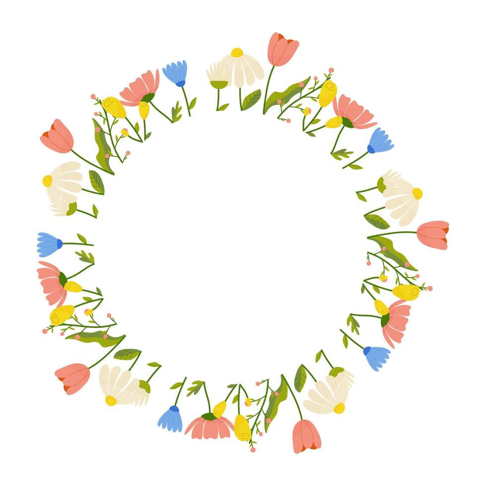 floral redondo marco, ornamento, primavera colores. en blanco aislado antecedentes. para tu tarjeta postal diseño, invitaciones, Felicidades vector