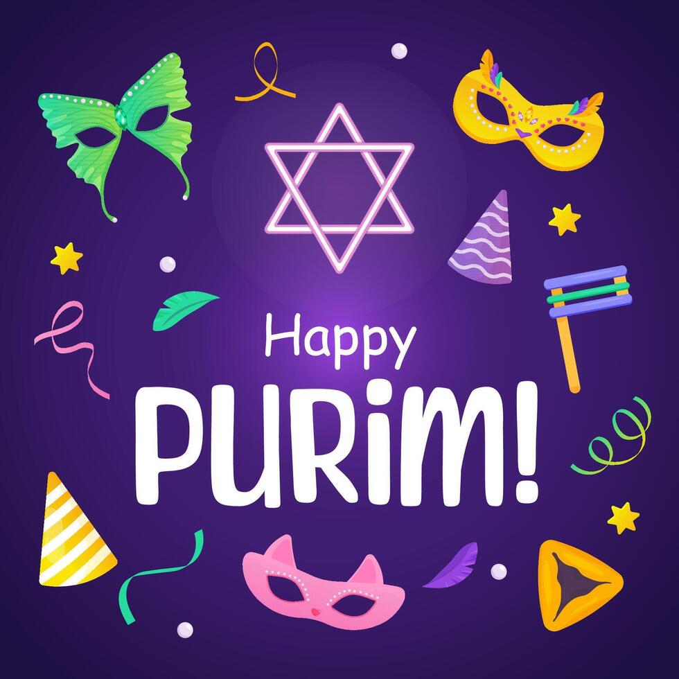 contento Purim póster para fiesta, bandera, judío día festivo. religioso Días festivos y eventos vector