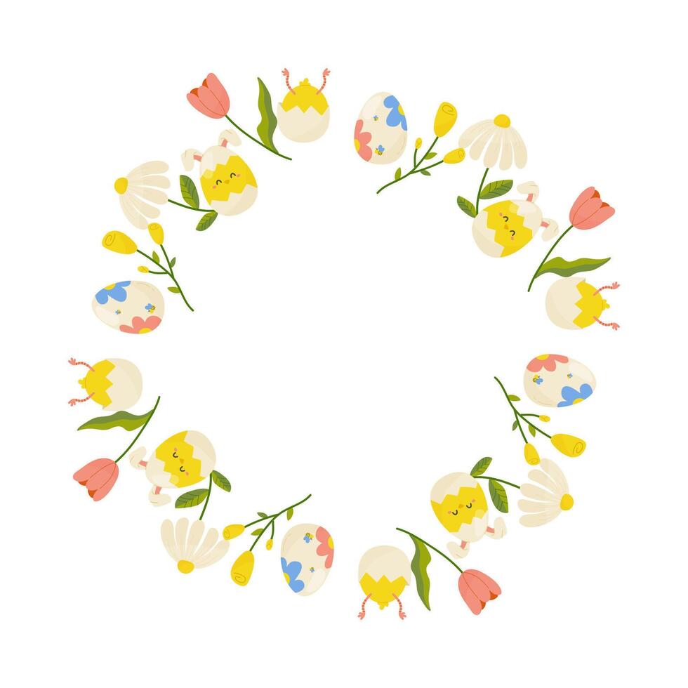 Easter eggs and flowers round frame, ornament, spring. On white isolated background. For your postcard design, invitations, congratulations vector