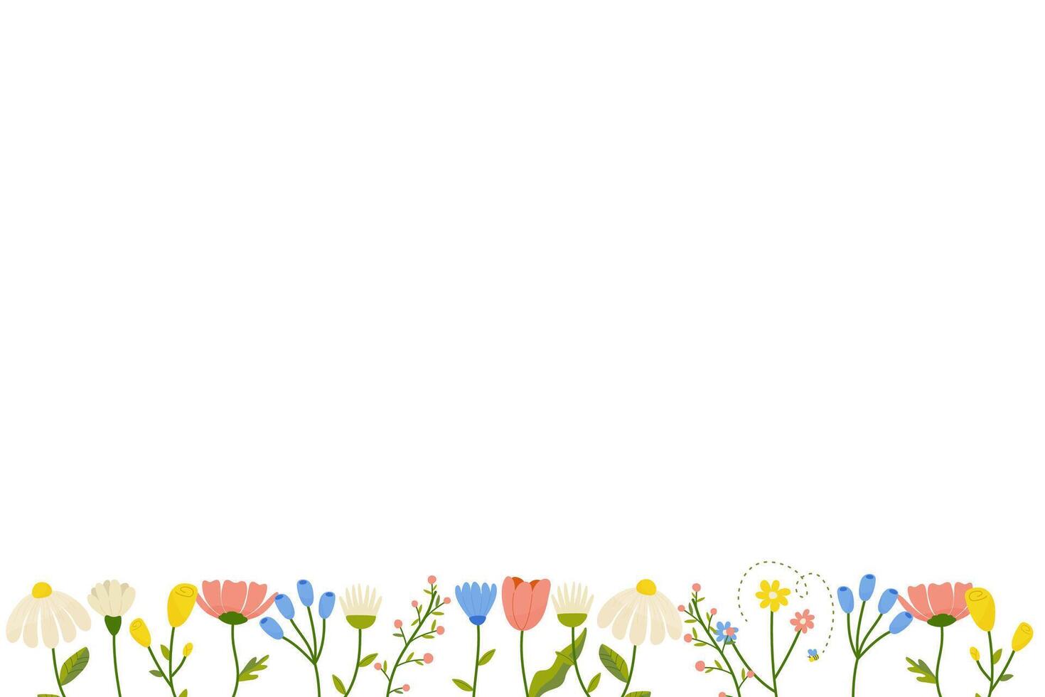 Horizontal botanical background with a set of spring summer flowers. Floral flat vector illustration isolated on white background