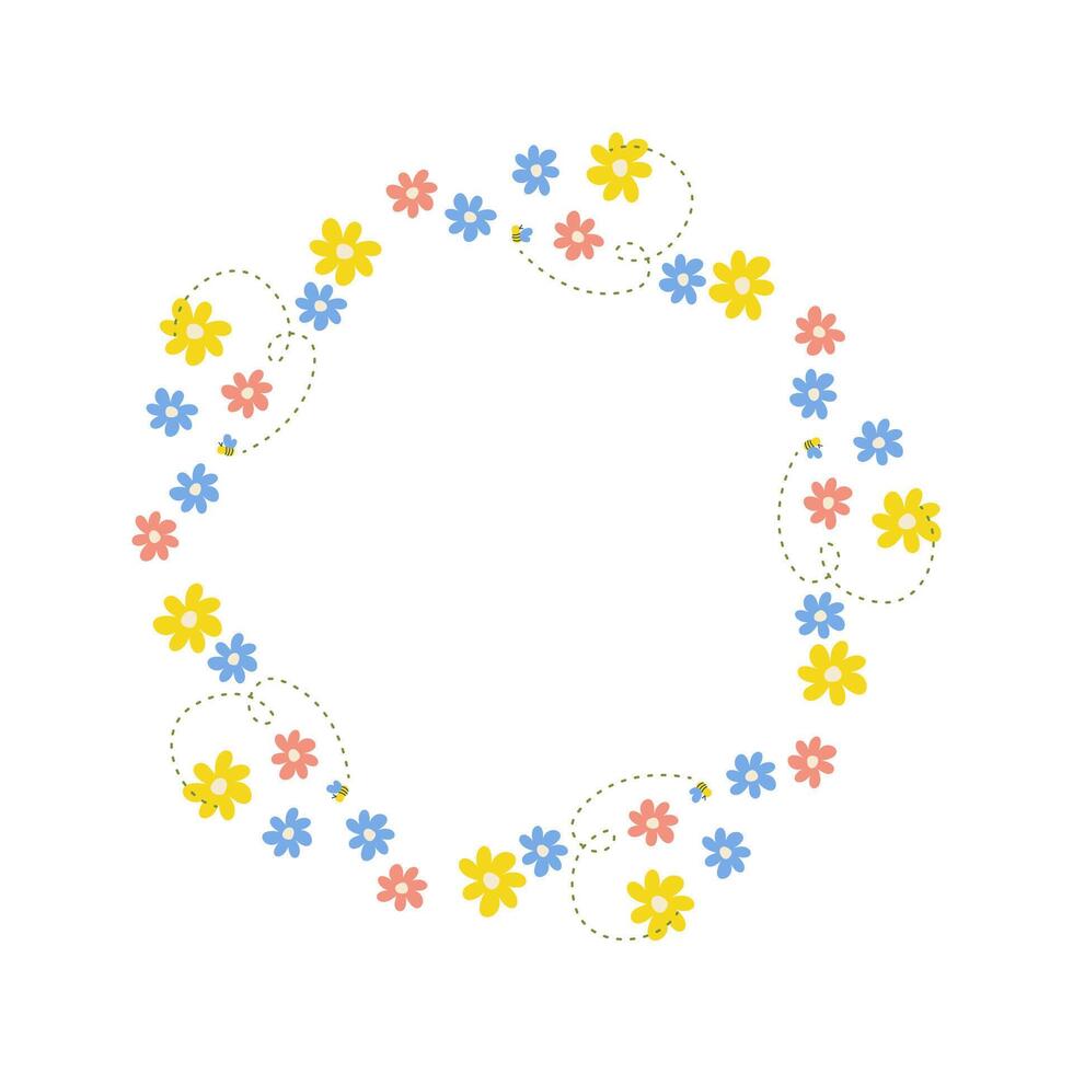 Floral round frame, ornament, spring colors. On white isolated background. For your postcard design, invitations, congratulations vector