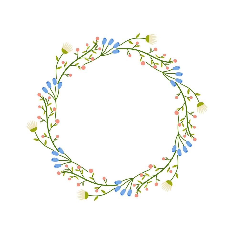 Floral round frame, ornament, spring colors. On white isolated background. For your postcard design, invitations, congratulations vector